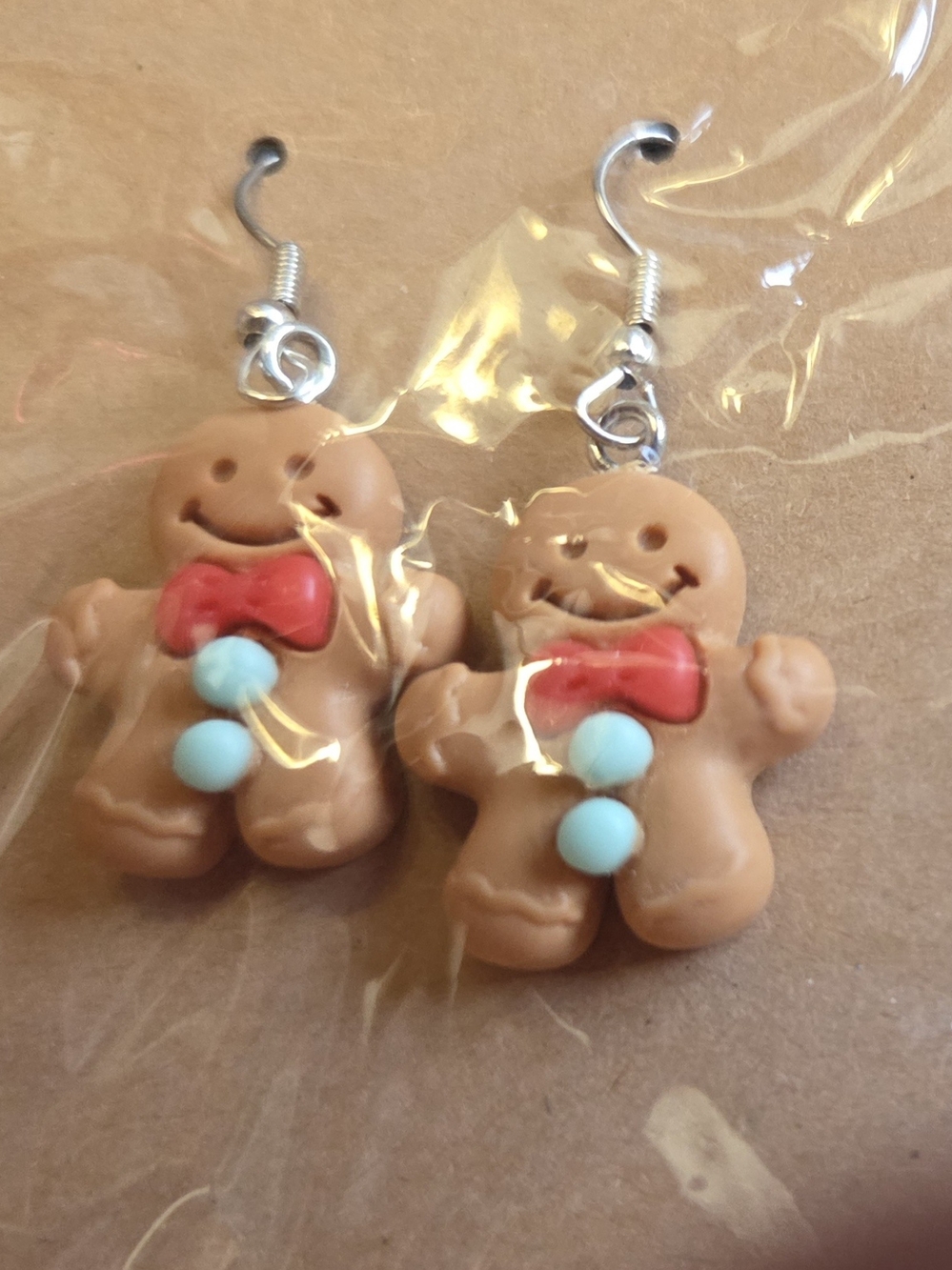 Gingerbread Man Kids Earrings in Brown with Red Bow